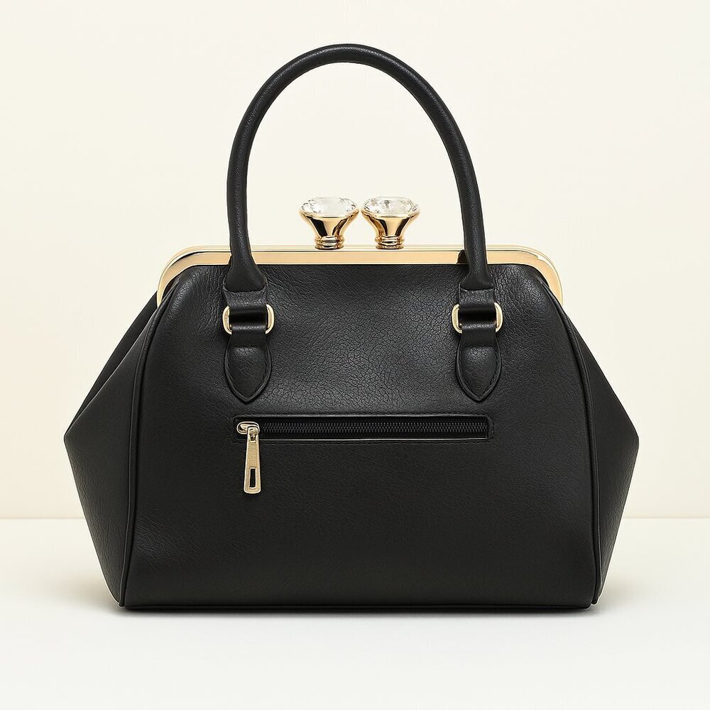 Vintage-Inspired Black Faux Leather Satchel with Gold Frame & Crystal Clasp